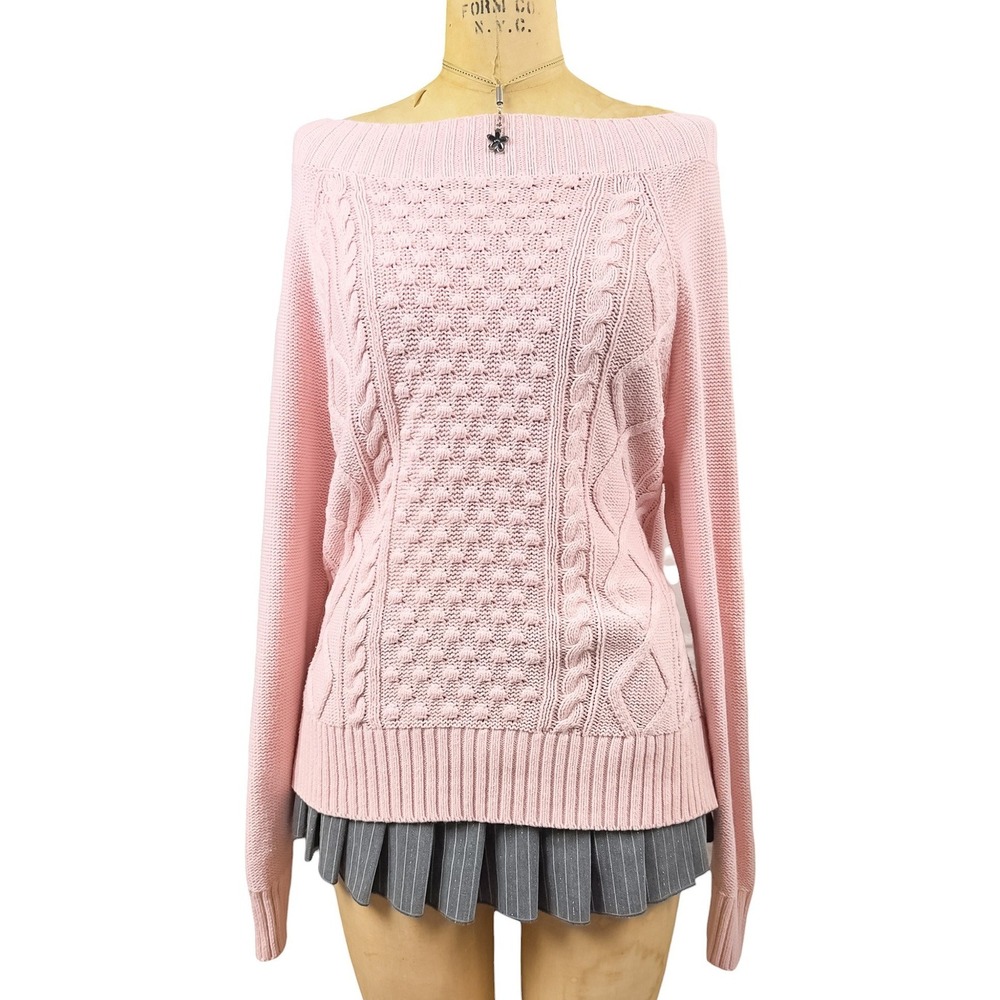 Chaps Aran Cable Knit Sweater Coquette Pink Boat Neck Basketweave Preppy Fall L